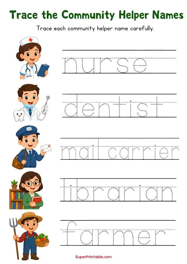 Tracing worksheet with nurse, dentist, mail carrier, librarian, and farmer pictures with dotted names.