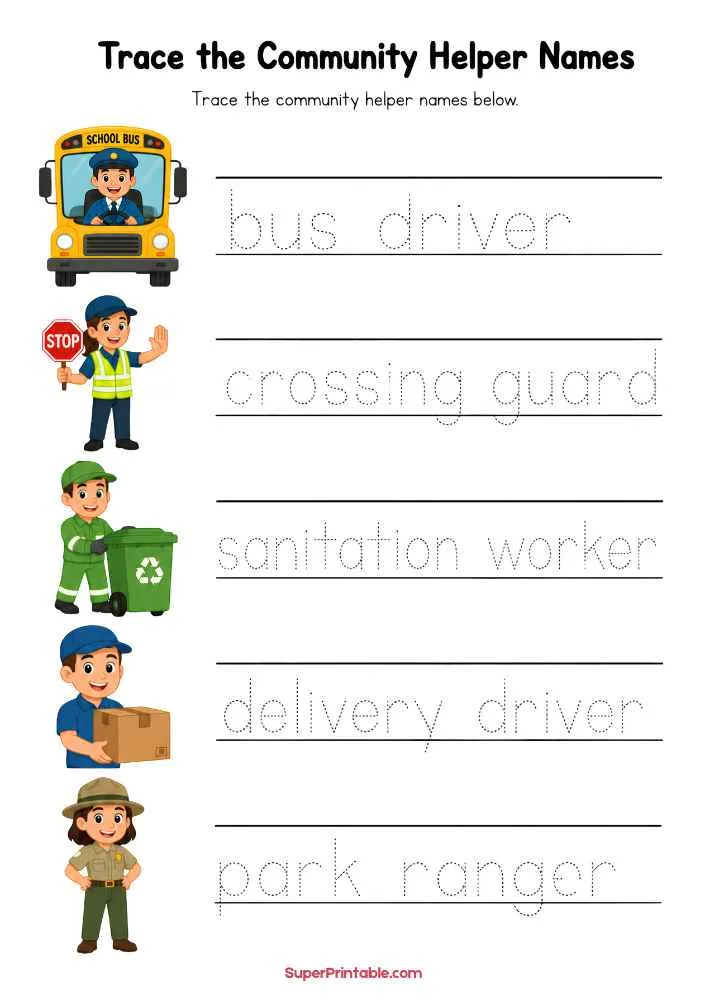 Tracing worksheet with bus driver, crossing guard, sanitation worker, delivery driver, and park ranger pictures with dotted names.