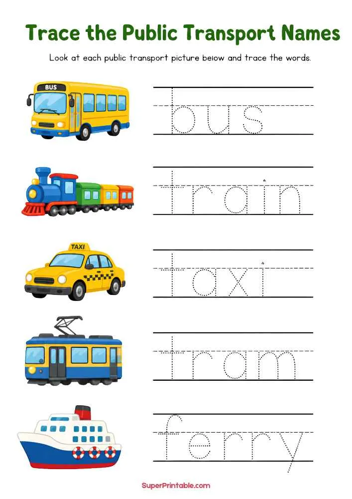 Tracing worksheet with bus, train, taxi, tram, and ferry pictures and dotted transport names.