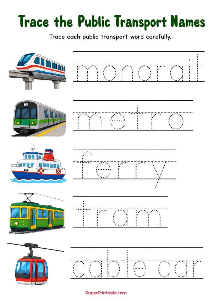 Tracing worksheet with monorail, metro, ferry, tram, and cable car pictures with dotted words.