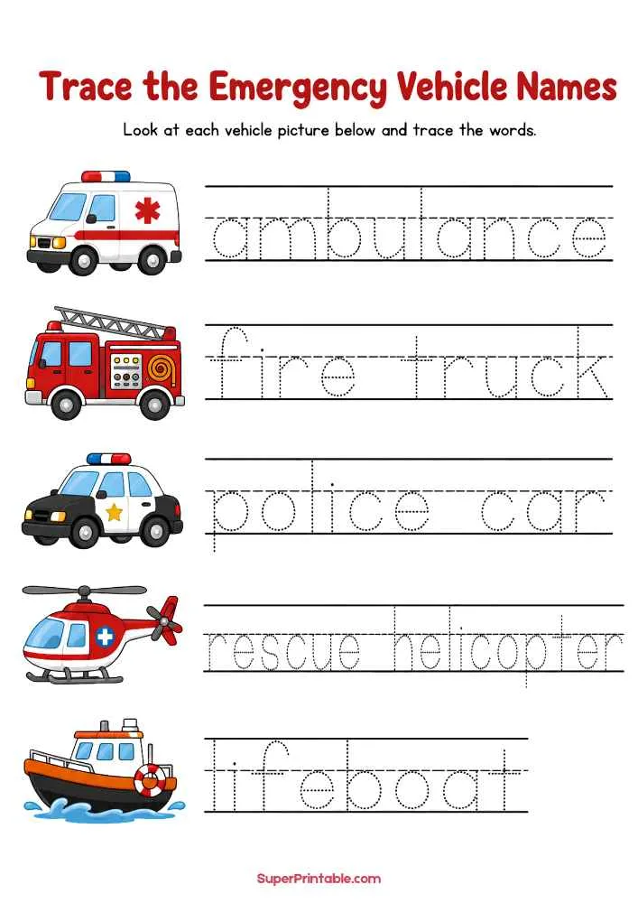 Tracing worksheet with ambulance, fire truck, police car, rescue helicopter, and lifeboat pictures with dotted words.