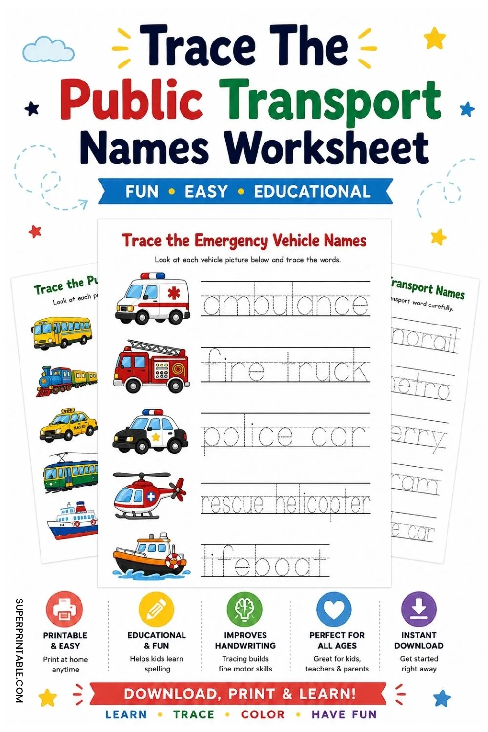 Trace The Public Transport Names Worksheet Pinterest Image