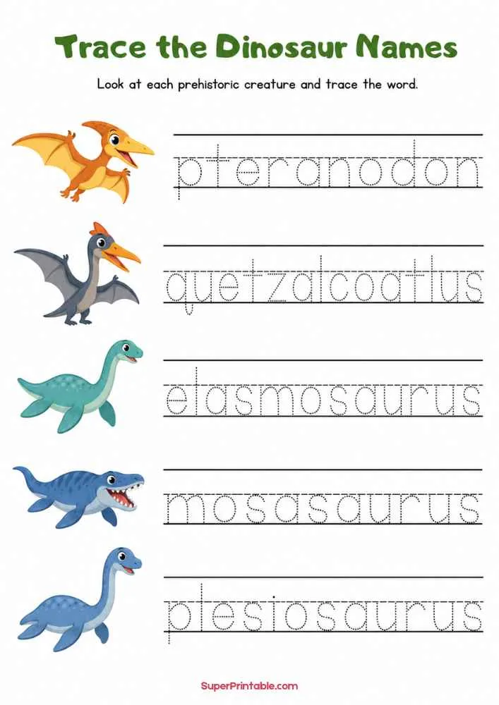 Dinosaur tracing worksheet with Pteranodon, Quetzalcoatlus, Elasmosaurus, Mosasaurus, and Plesiosaurus.