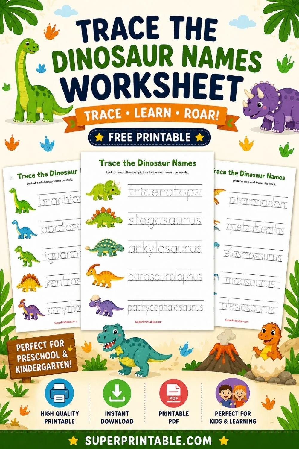 Trace the Dinosaur Names Worksheet Pinterest Image