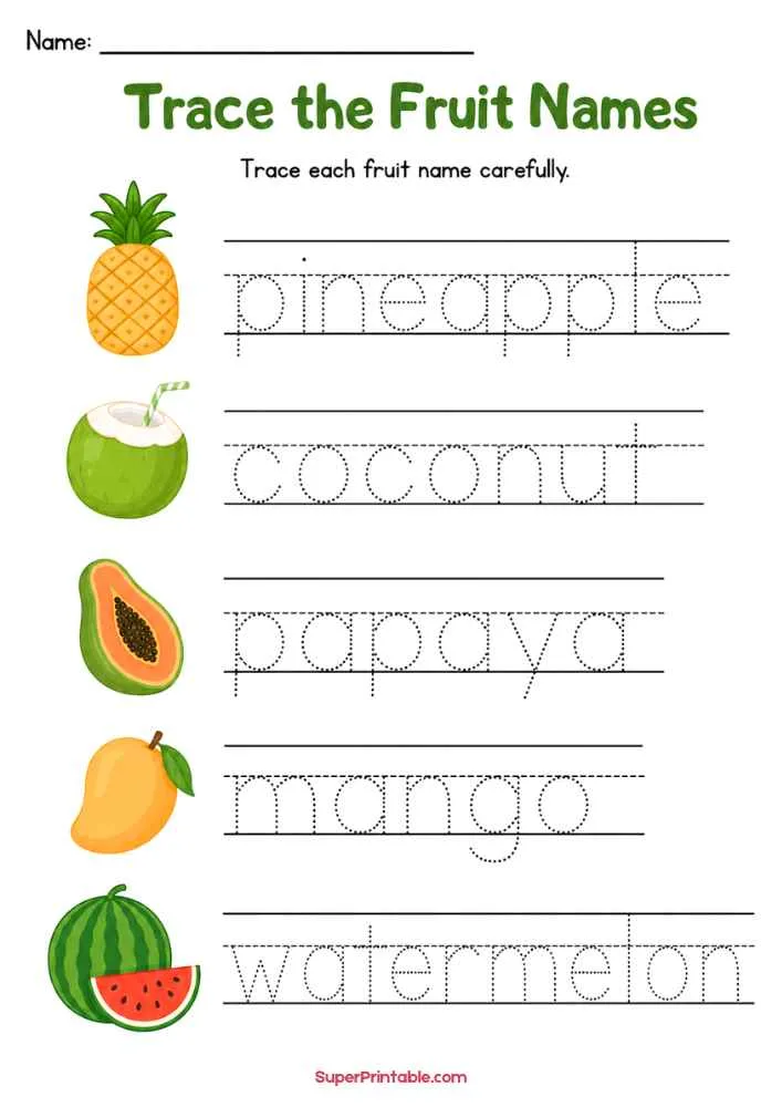 Tracing worksheet with pineapple, coconut, papaya, mango, and watermelon pictures and dotted fruit names.