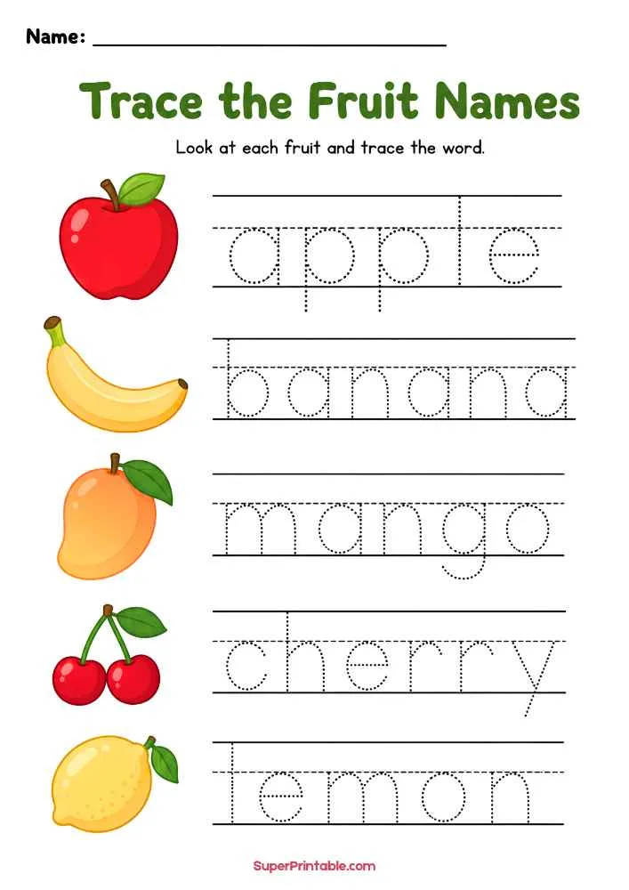 Tracing worksheet with apple, banana, mango, cherry, and lemon pictures and dotted words.