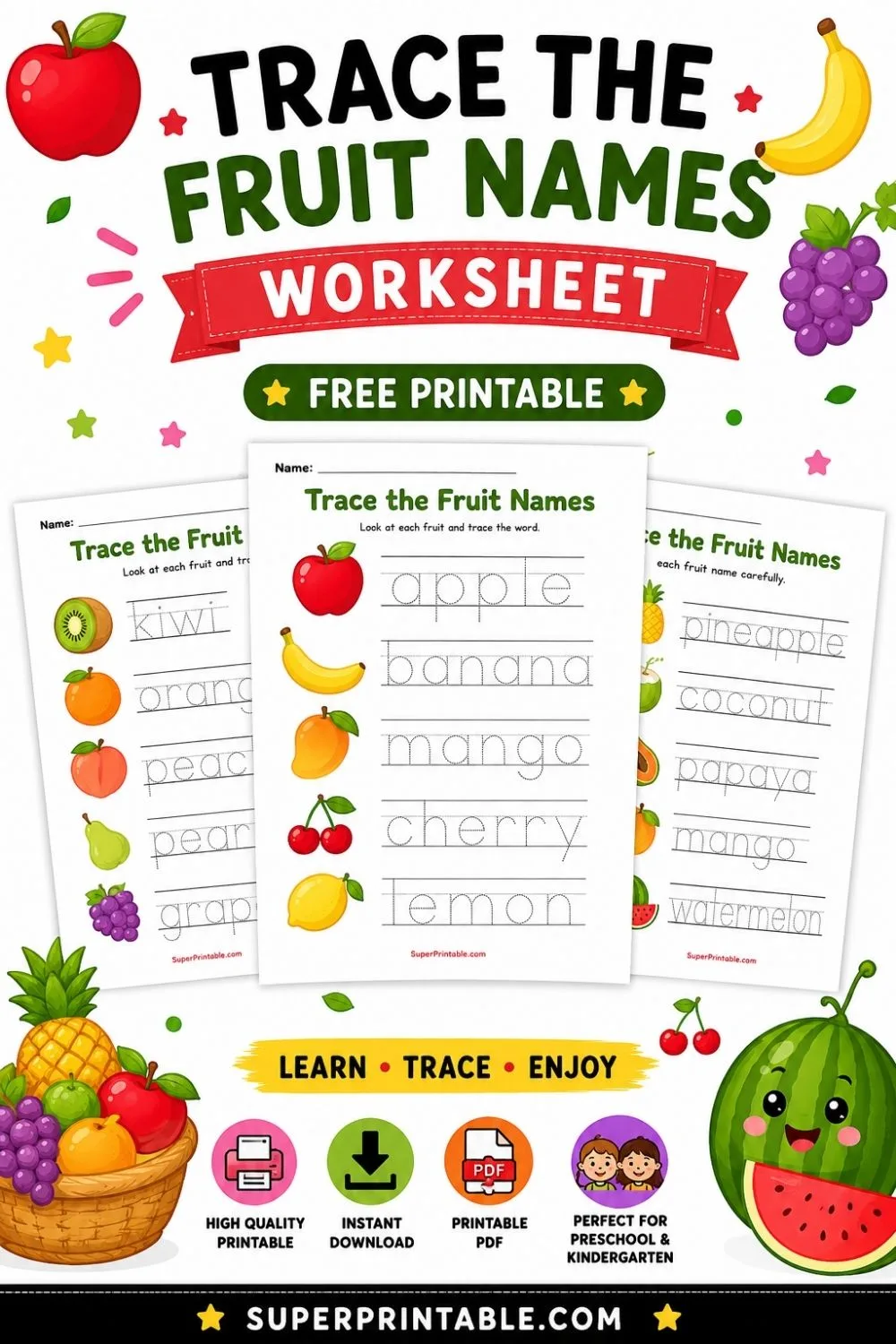 Trace the Fruit Names Worksheet Pinterest Image