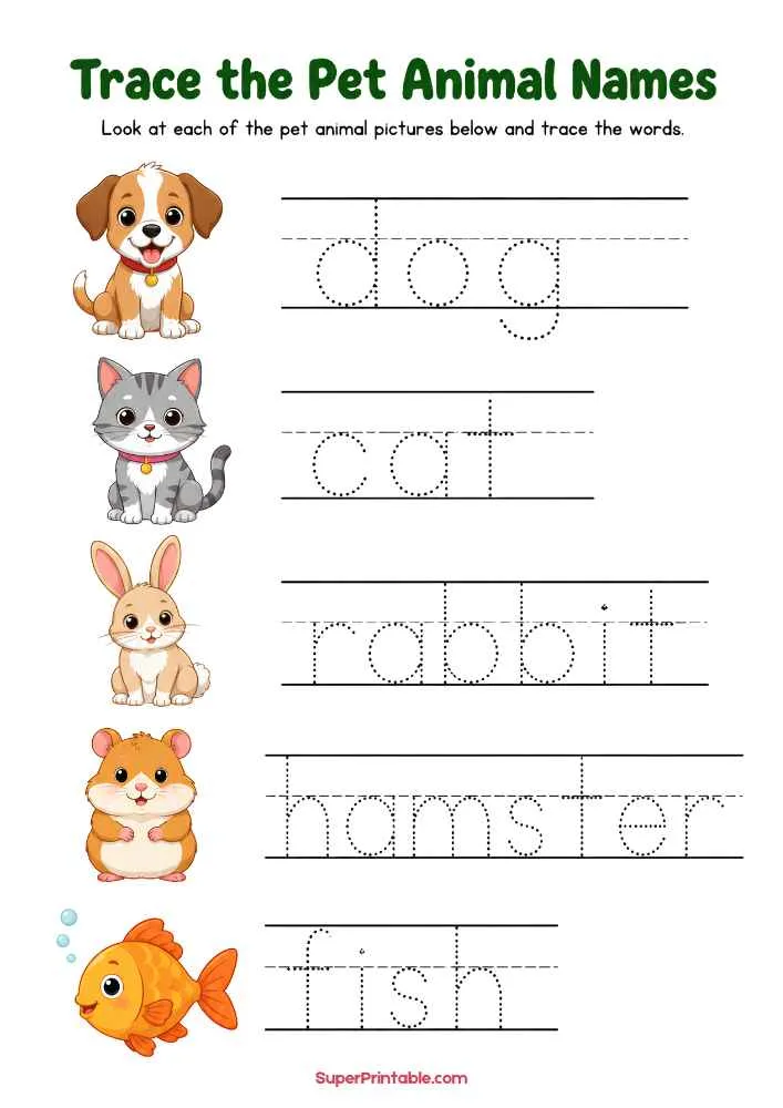 Pet animal tracing worksheet with dog, cat, rabbit, hamster, fish, and dotted words to trace.