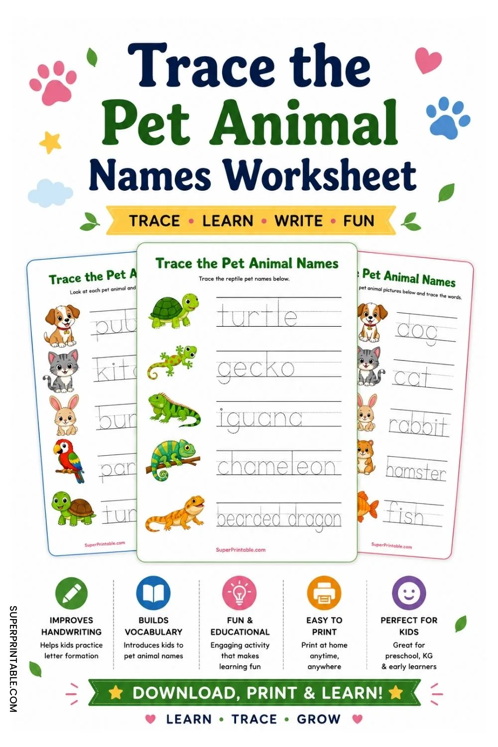Trace the Pet Animal Names Worksheet Pinterest Image