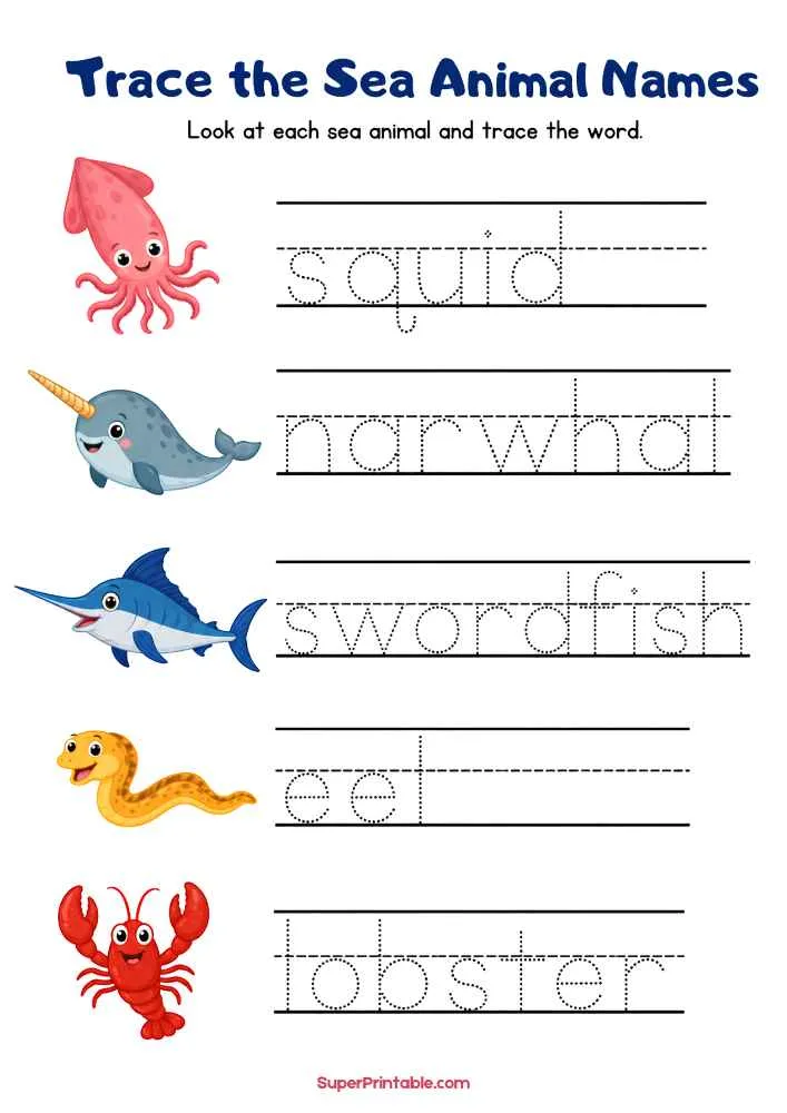 Tracing worksheet with squid, narwhal, swordfish, eel, and lobster plus dotted sea animal names.