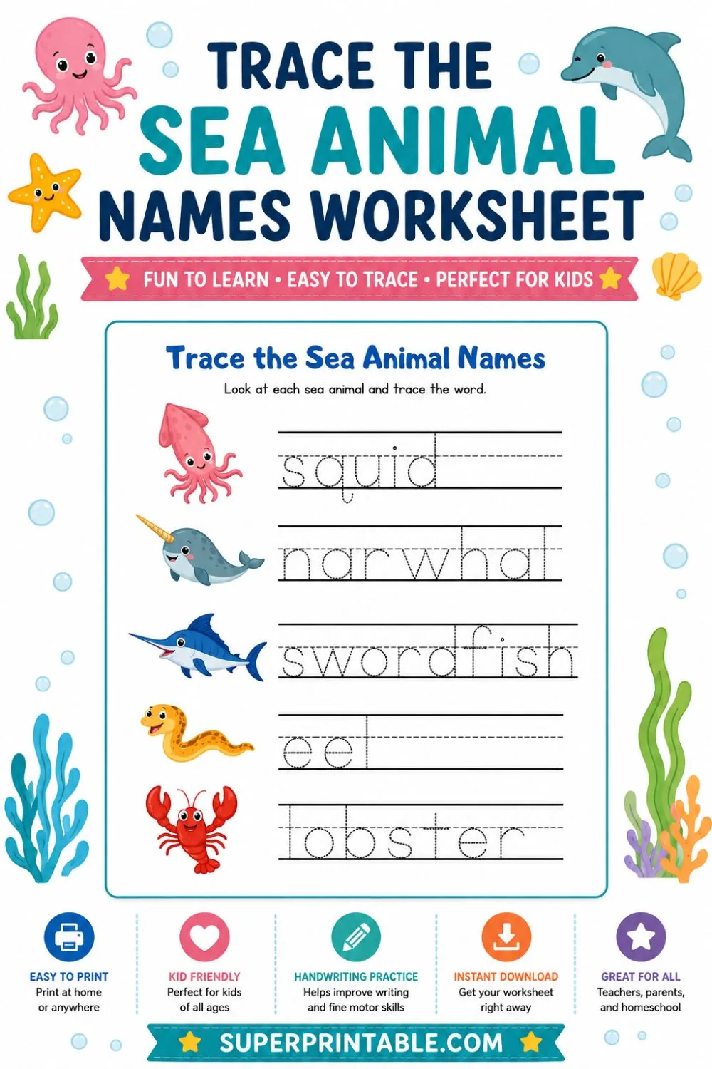 Trace the Sea Animal Names Worksheet Pinterest Image