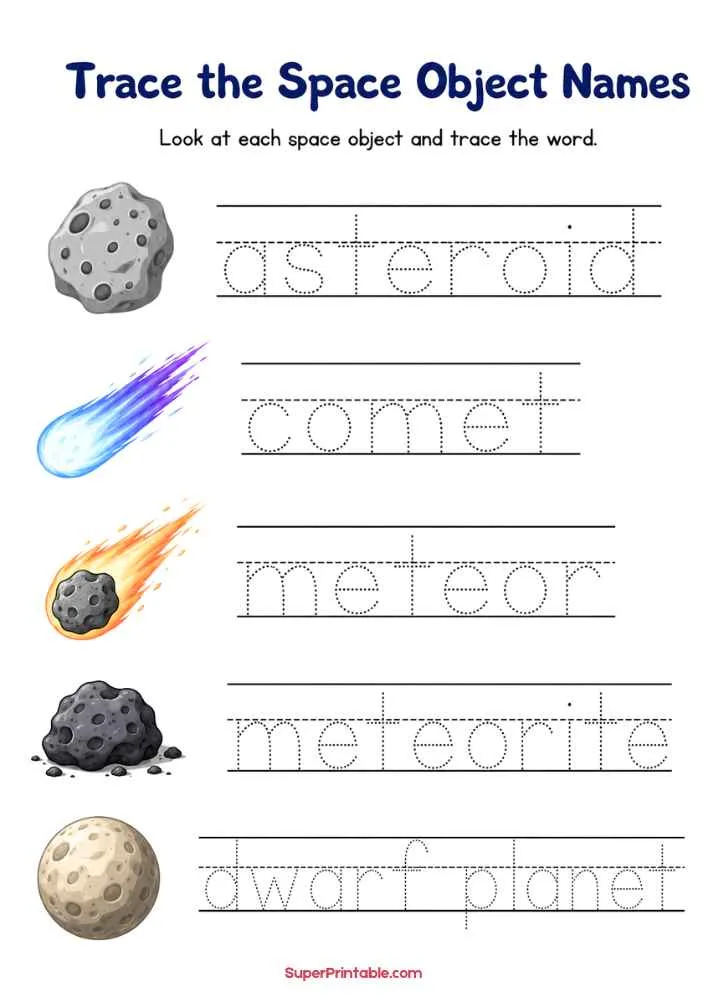 Tracing worksheet with asteroid, comet, meteor, meteorite, and dwarf planet pictures and dotted words.