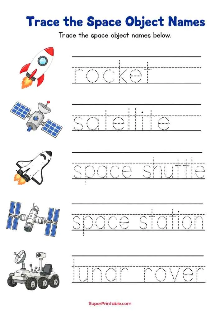 Tracing worksheet with rocket, satellite, space shuttle, space station, and lunar rover pictures.