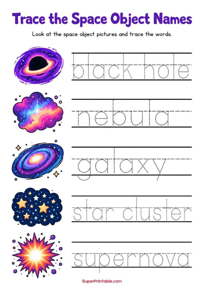 Tracing worksheet with black hole, nebula, galaxy, star cluster, and supernova pictures and words.