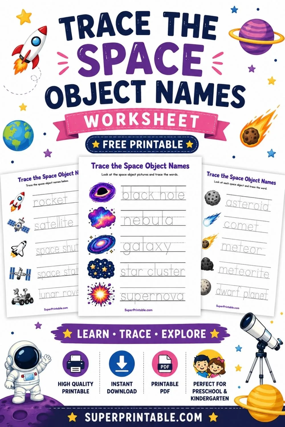 Trace the Space Object Names Worksheet Pinterest Image