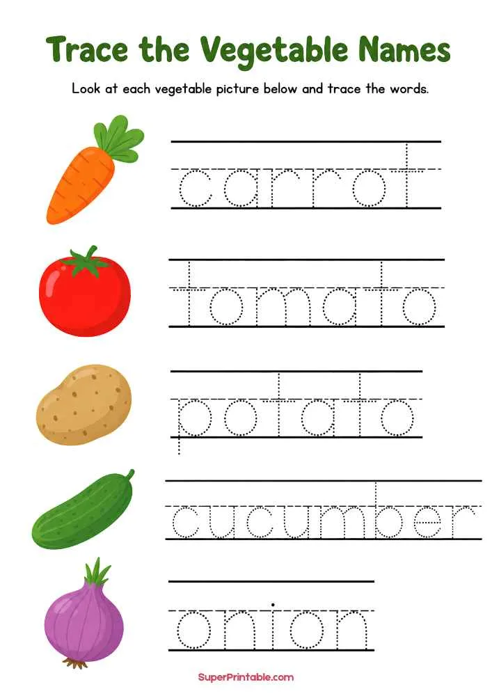 Vegetable tracing worksheet with carrot, tomato, potato, cucumber, and onion plus dotted word outlines.