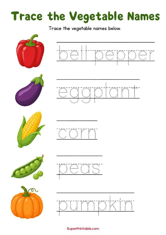 Vegetable tracing worksheet with bell pepper, eggplant, corn, peas, and pumpkin.