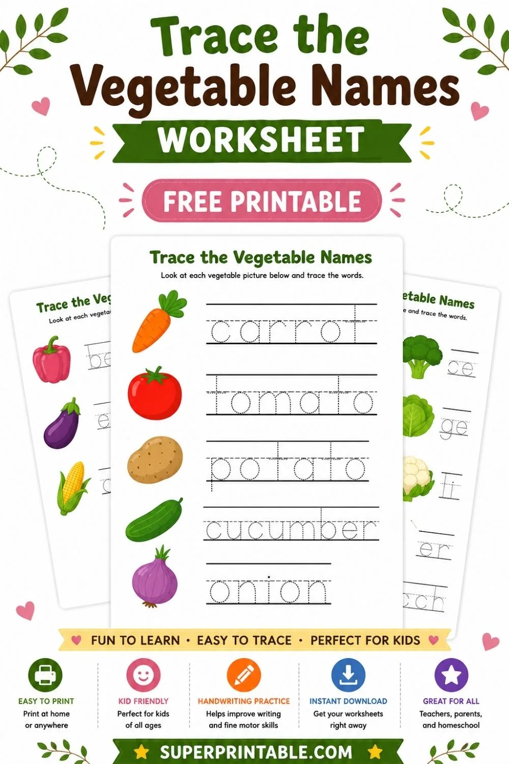 Trace the Vegetable Names Worksheet Pinterest Image