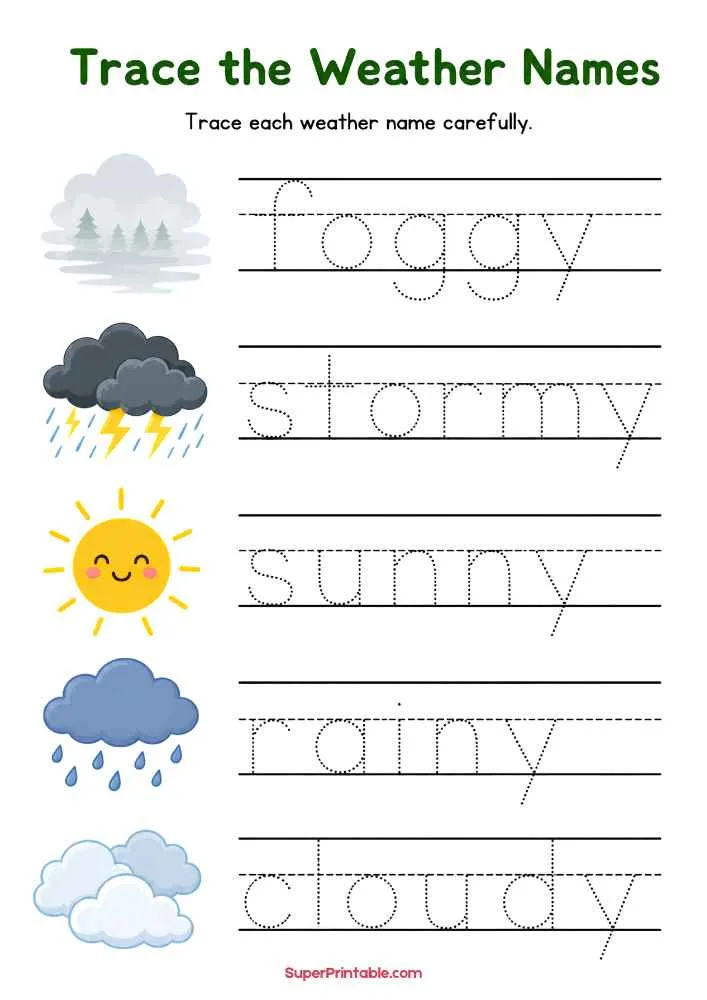 Tracing worksheet with foggy, stormy, sunny, rainy, and cloudy weather pictures and dotted words.