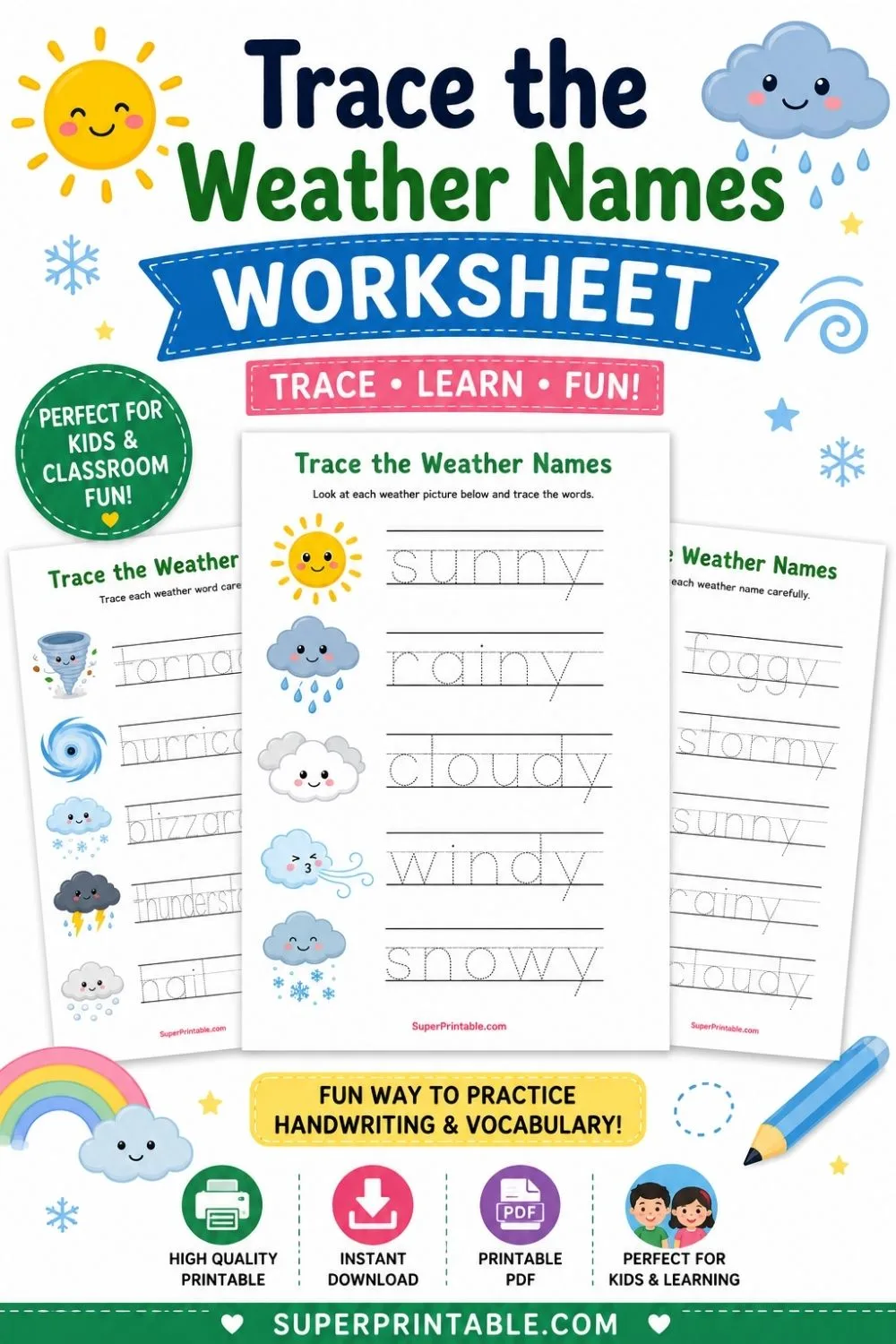 Trace the Weather Names Worksheet Pinterest Image