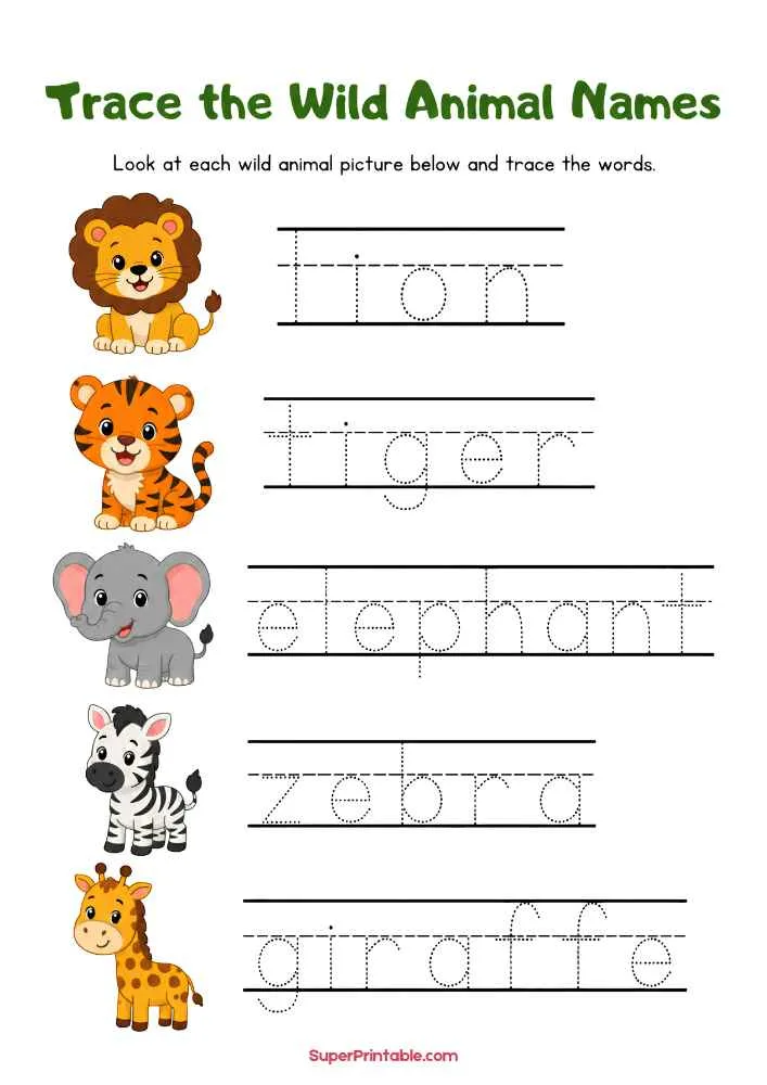 Wild animal tracing worksheet with lion, tiger, elephant, zebra, giraffe, and dotted animal names.