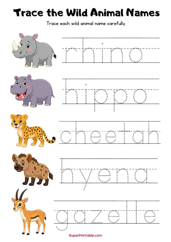 Wild animal tracing worksheet with rhino, hippo, cheetah, hyena, gazelle, and dotted tracing words.