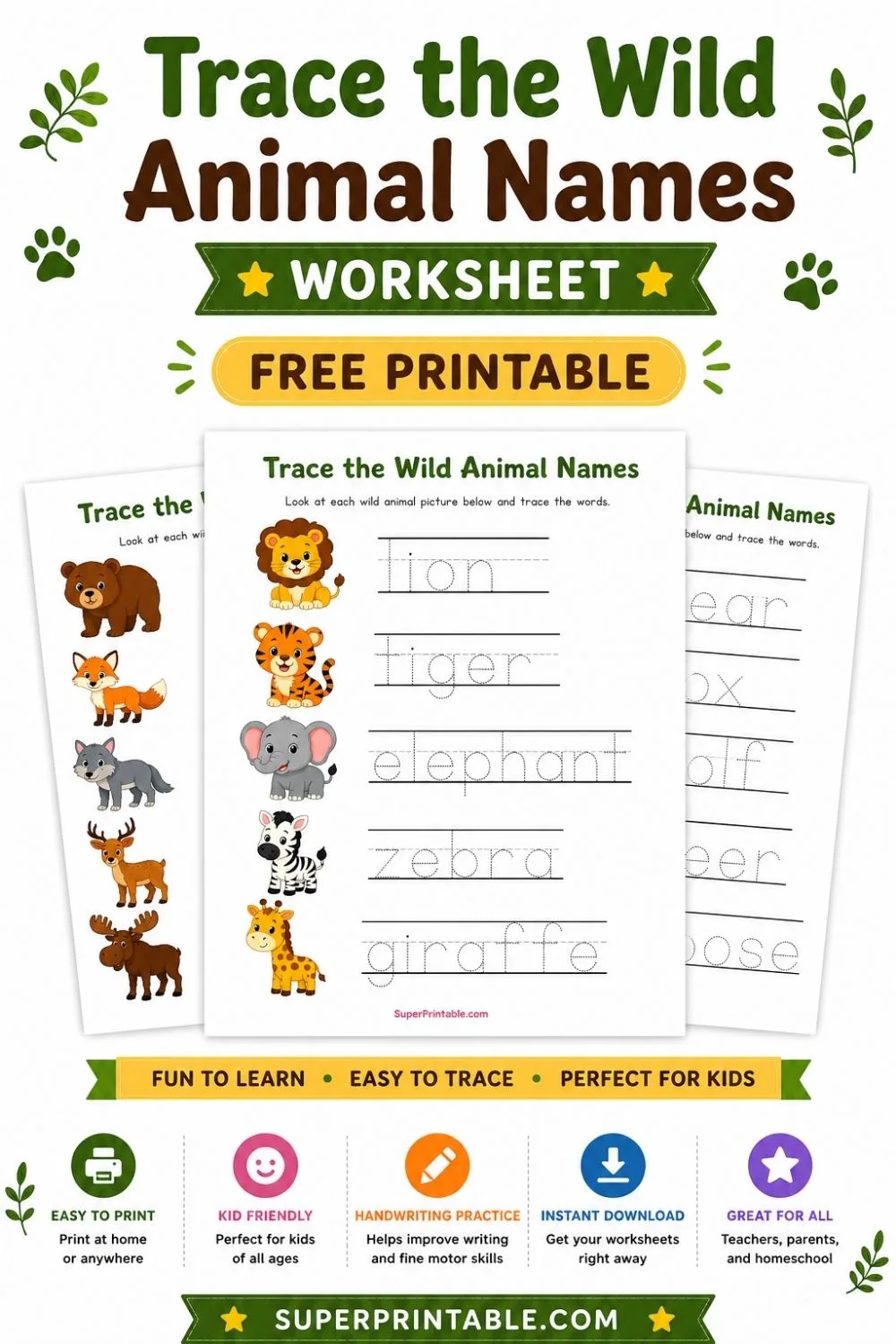 Trace the Wild Animal Names Worksheet Pinterest Image