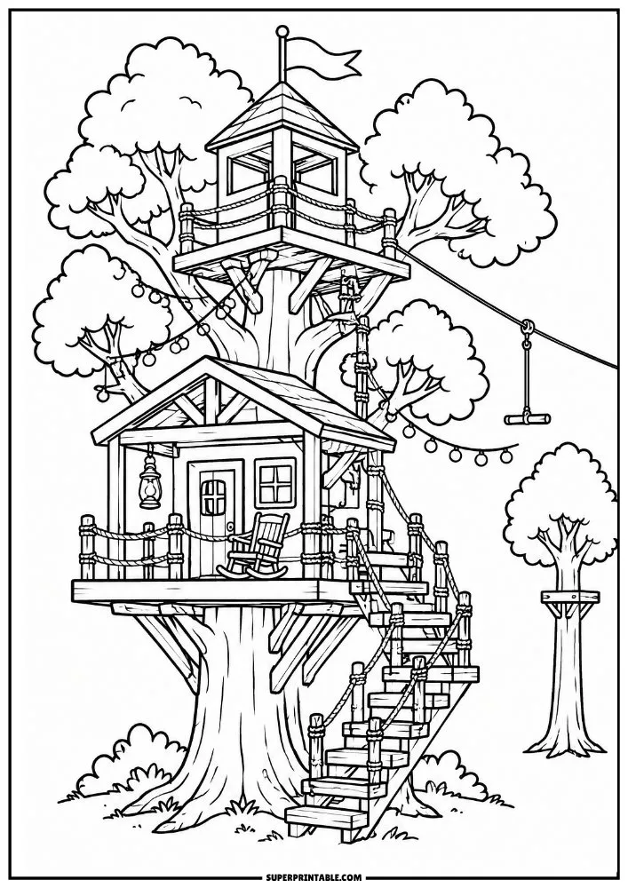 Large treehouse with stairs, lookout tower, swing, and surrounding trees.