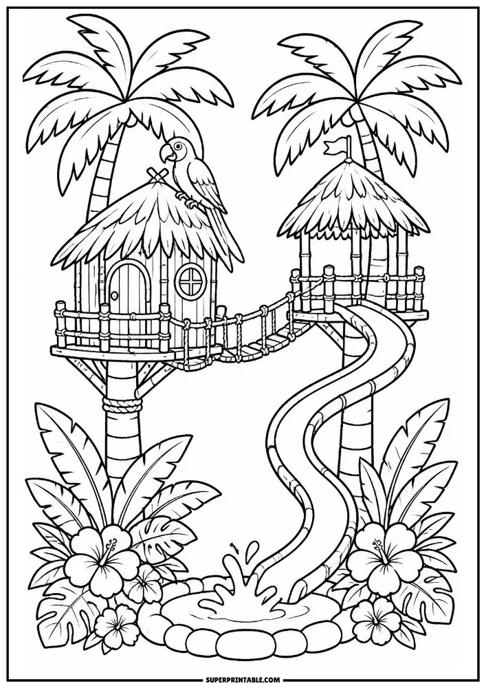 Tropical treehouses with palm trees, bridge, water slide, and island plants.