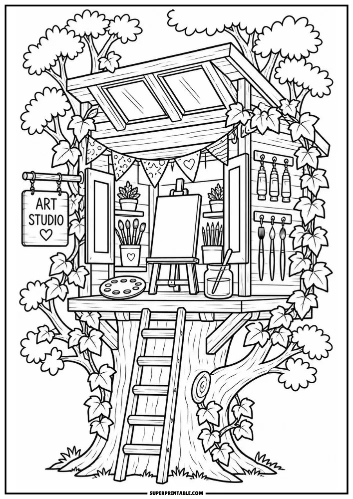 Treehouse art studio with easel, paintbrushes, palette, and art tools.