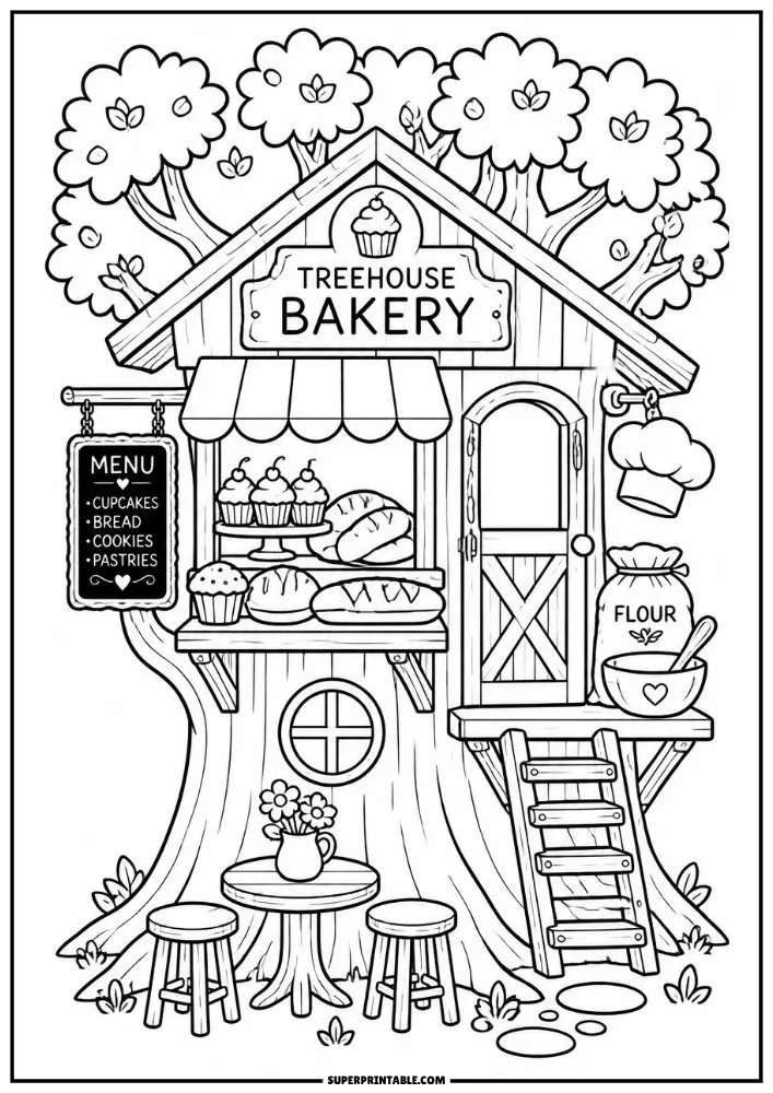 Treehouse bakery with baked goods, menu board, flour sack, and outdoor seating.