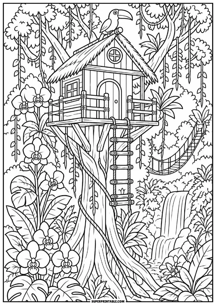 Jungle treehouse with tropical flowers, vines, hammock, and waterfall backdrop.