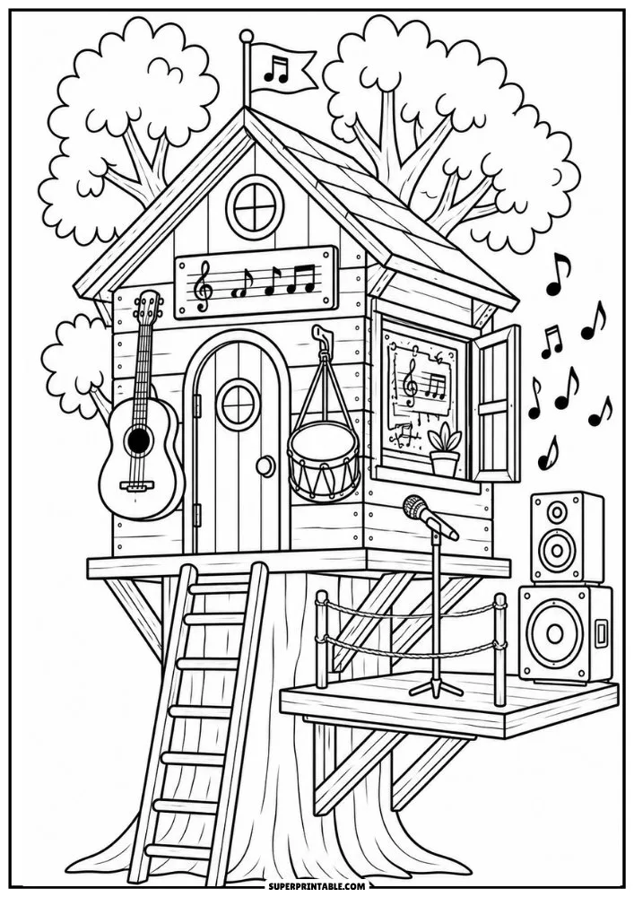 Treehouse music studio with guitar, drum, microphone, speakers, and music notes.