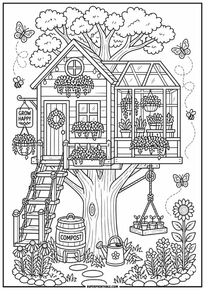 Garden treehouse with greenhouse, flowers, butterflies, watering can, and compost barrel.
