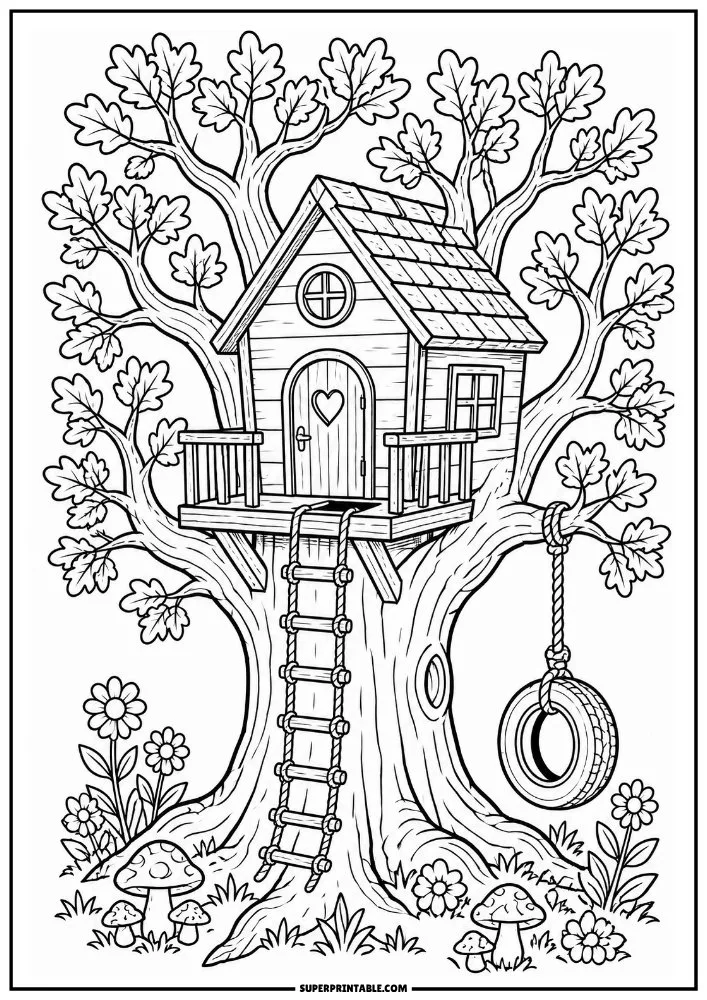 Small treehouse with rope ladder, tire swing, flowers, and mushrooms beneath leafy branches.