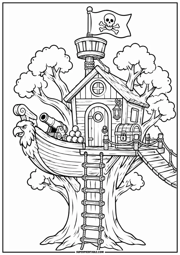 Pirate treehouse with cannon, treasure chest, pirate flag, and rope bridge.