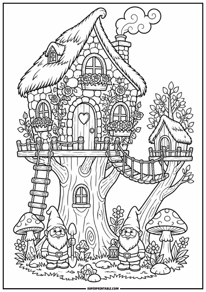 Fairy tale treehouse with flowers, gnomes, mushrooms, and a connecting rope bridge.