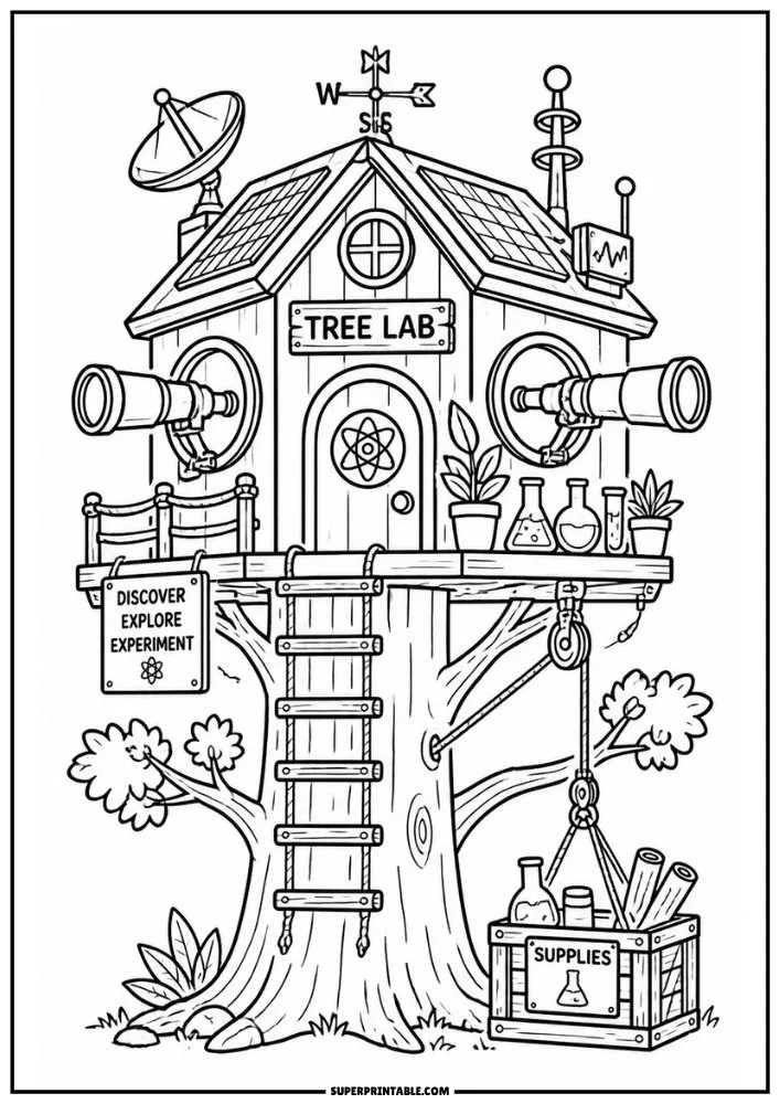 Treehouse laboratory with telescopes, science equipment, plants, and supply crate.
