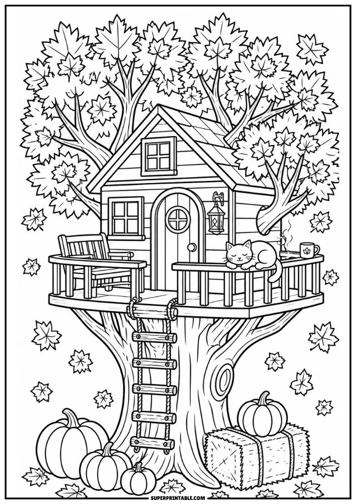 Autumn treehouse with pumpkins, hay bales, falling leaves, and a resting cat.