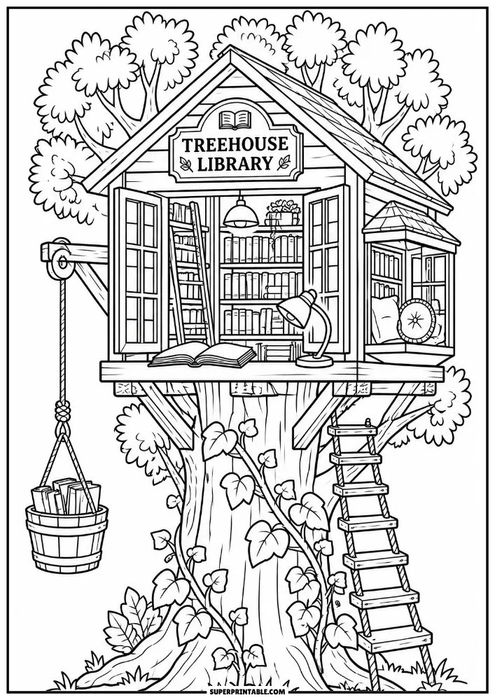 Treehouse library packed with bookshelves, reading space, ladder, and book basket.