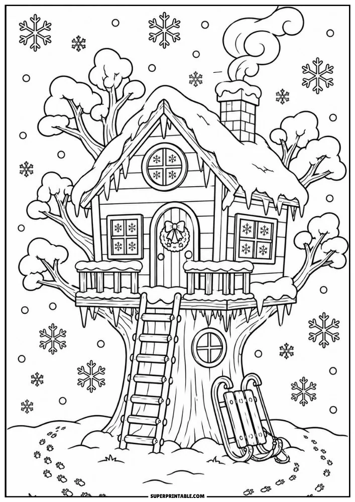 Snow-covered treehouse with icicles, snowflakes, ladder, and sled in winter scenery.