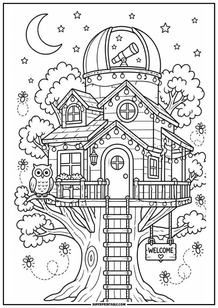 Treehouse observatory with telescope dome, stars, moon, and decorative lights.