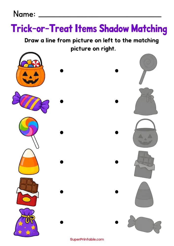 Halloween shadow matching activity with candy bucket, sweets, chocolate, candy corn, and matching silhouettes.