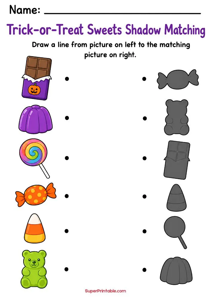 Halloween candy shadow matching worksheet with chocolate, jelly, lollipop, candy corn, gummy bear, and candy silhouettes.