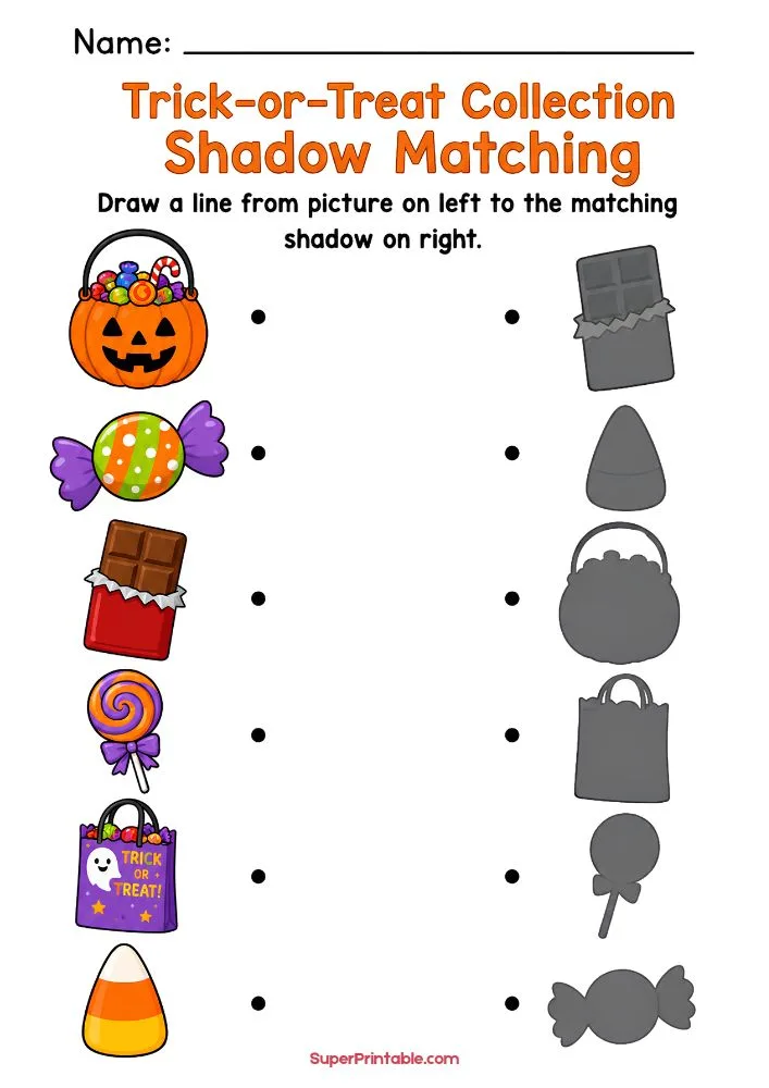 Halloween shadow matching page with pumpkin candy bucket, treat bag, sweets, lollipop, chocolate, and candy corn silhouettes.
