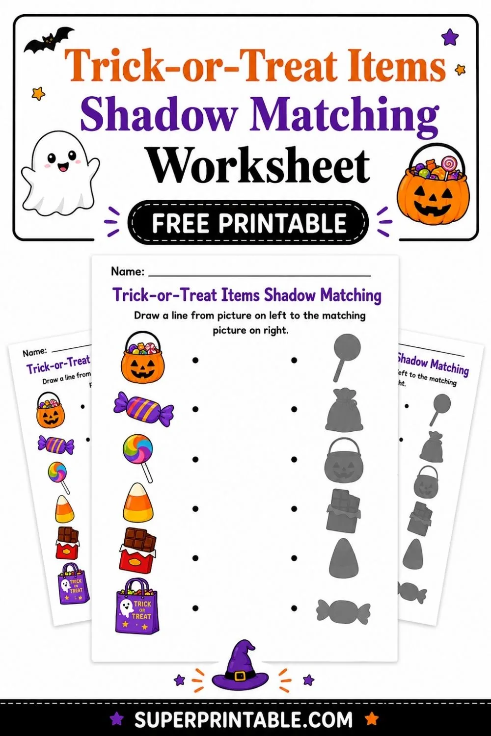 Trick-or-Treat Items Shadow Matching Worksheet Pinterest Image