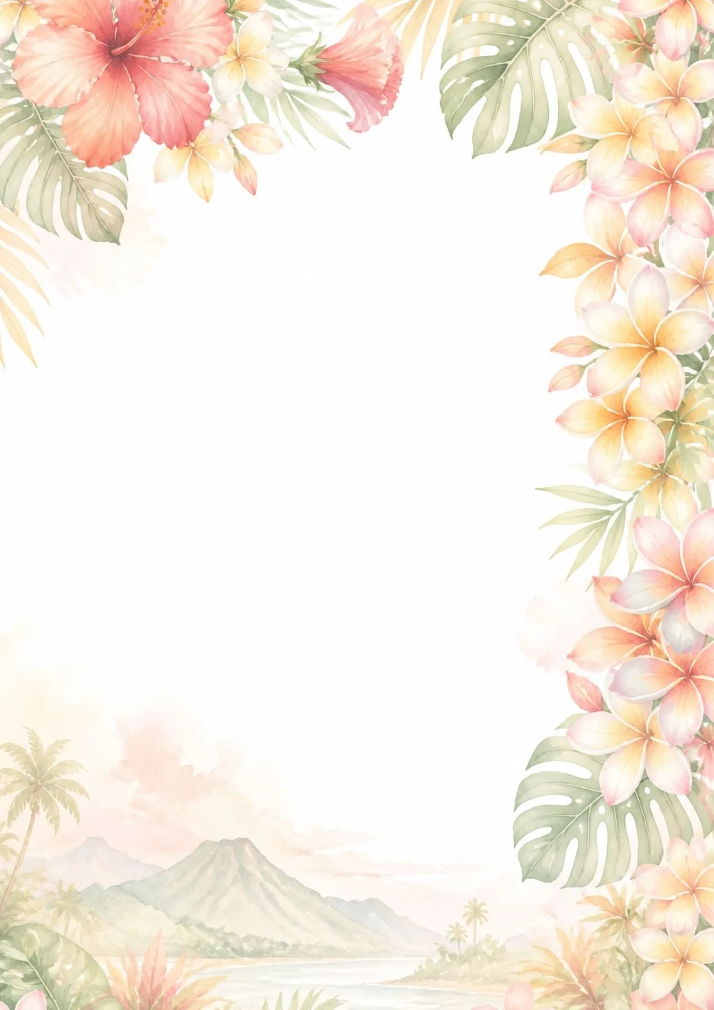 Watercolor tropical floral border with hibiscus flowers, palm leaves, and a scenic island landscape at the bottom.