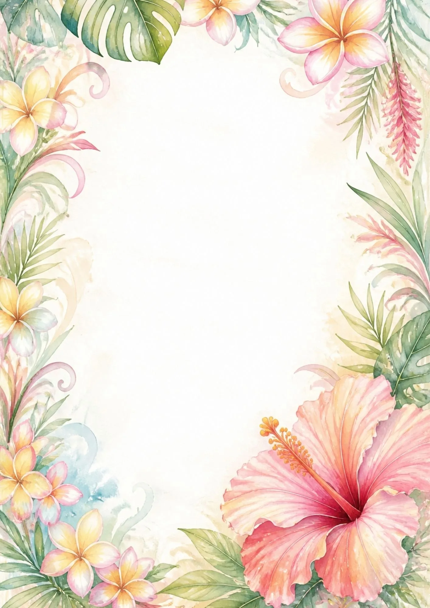 Tropical floral border with a large hibiscus flower, plumeria blossoms, and lush tropical leaves.