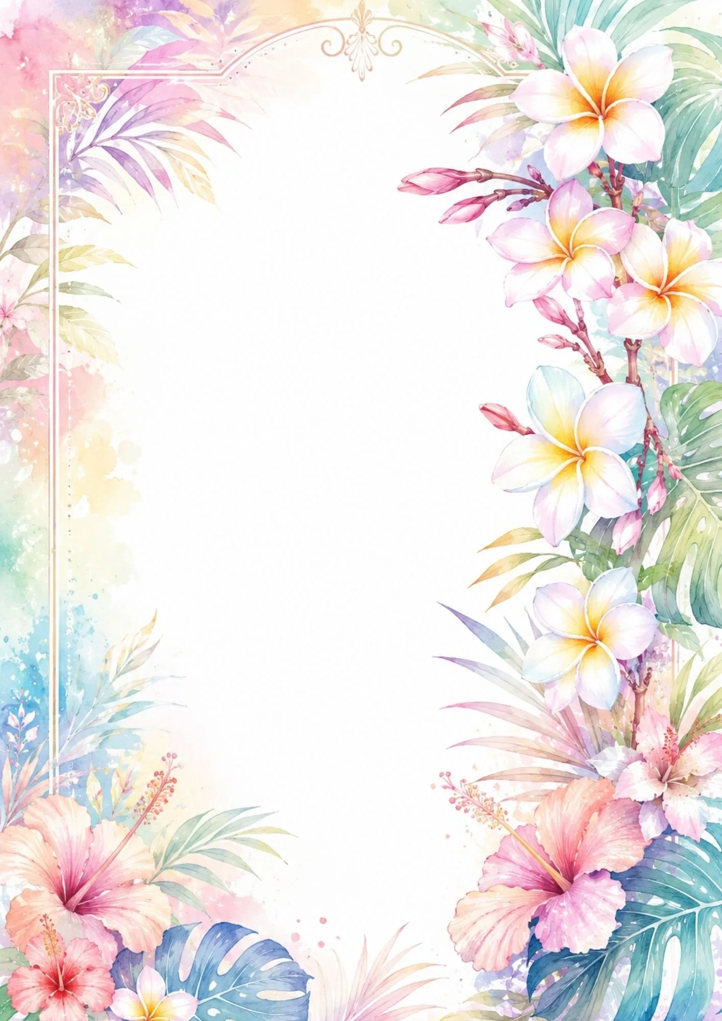 Elegant tropical stationery frame with hibiscus flowers, plumeria blossoms, and decorative border details.