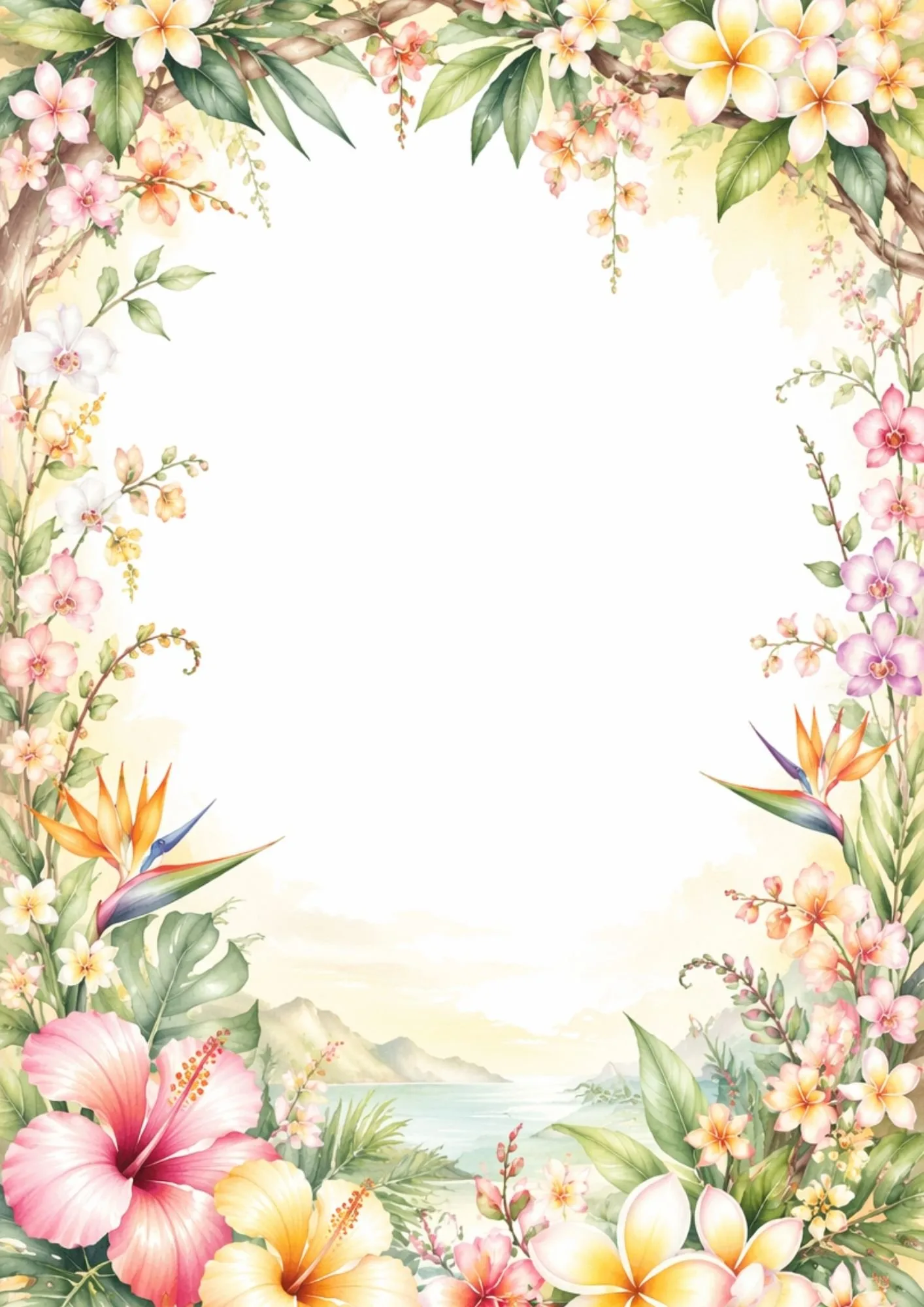 Tropical floral arch border with hibiscus flowers, plumeria blossoms, and tropical leaves.